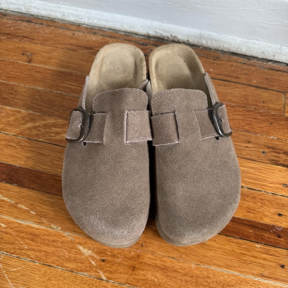 Taupe Suede Buckle platform Clogs